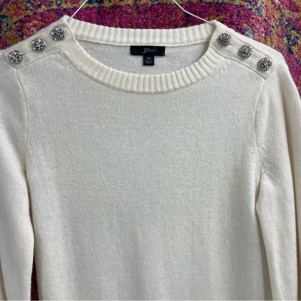 J. CREW Crewneck Long Sleeve Lambs Wool Jeweled Button Sweater